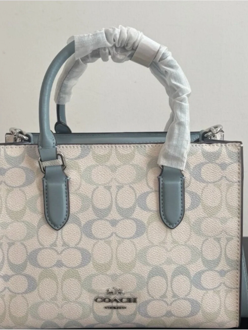 Coach Mini Satchel in Pale Blue and Ivory Signature Print